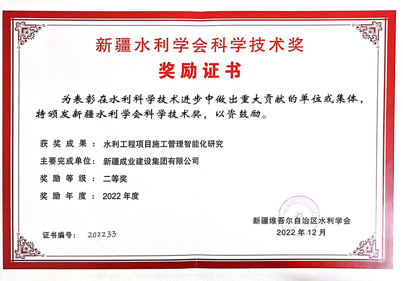 水利学会科学技术奖二等奖